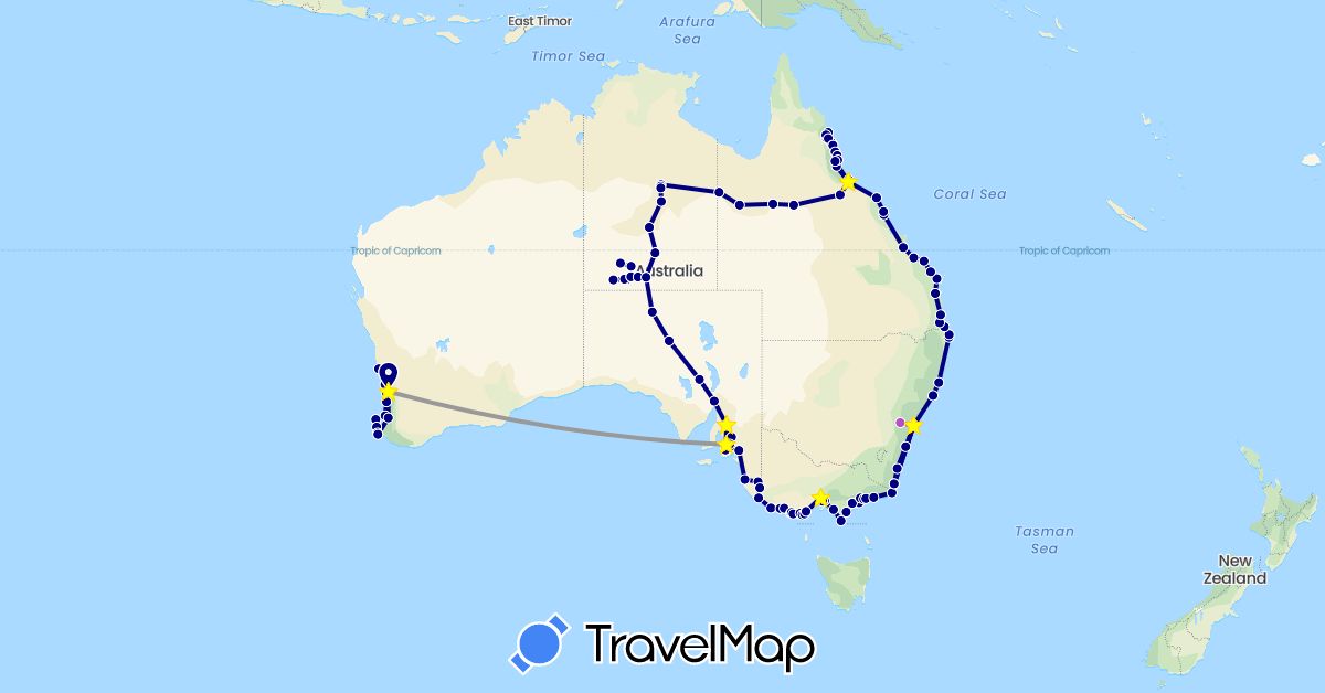 TravelMap itinerary: driving, plane, train in Australia (Oceania)